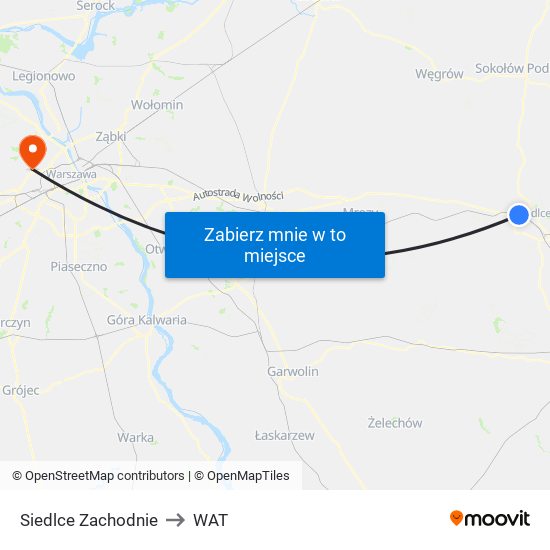 Siedlce Zachodnie to WAT map