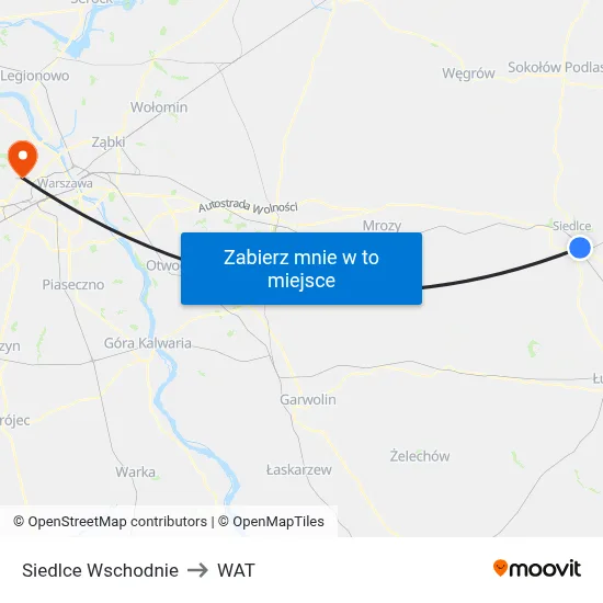 Siedlce Wschodnie to WAT map