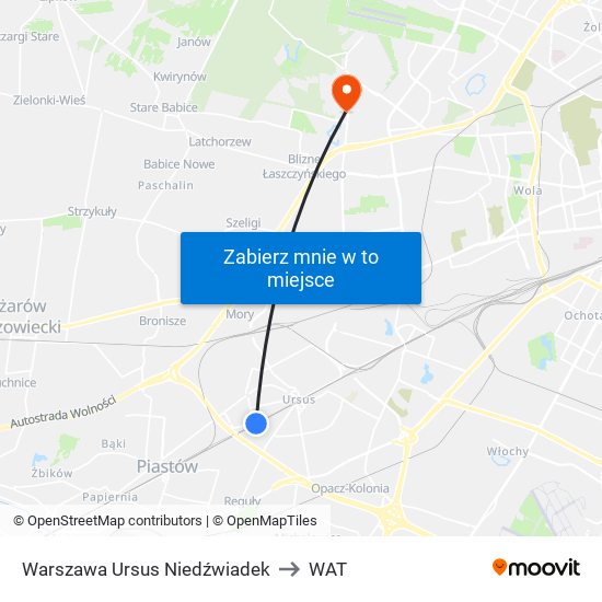 Warszawa Ursus Niedźwiadek to WAT map