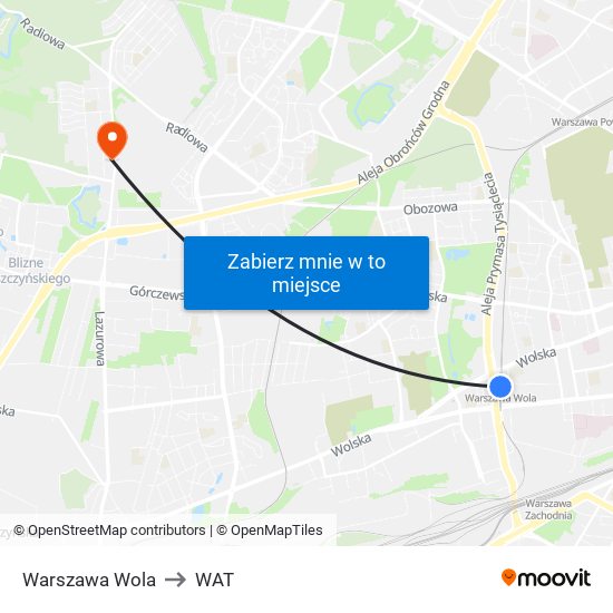 Warszawa Wola to WAT map