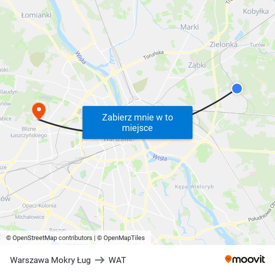 Warszawa Mokry Ług to WAT map