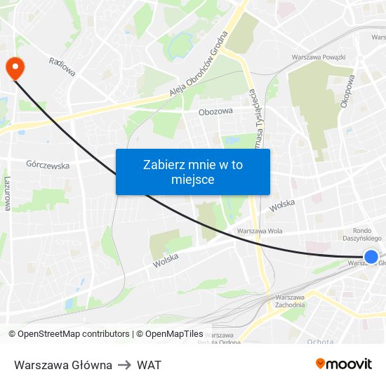 Warszawa Główna to WAT map