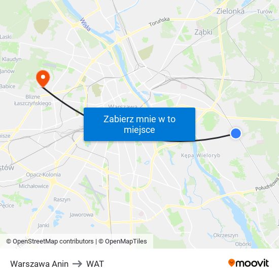 Warszawa Anin to WAT map