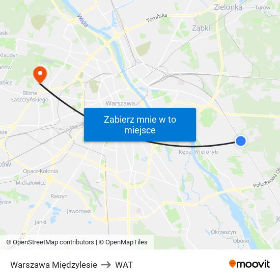 Warszawa Międzylesie to WAT map