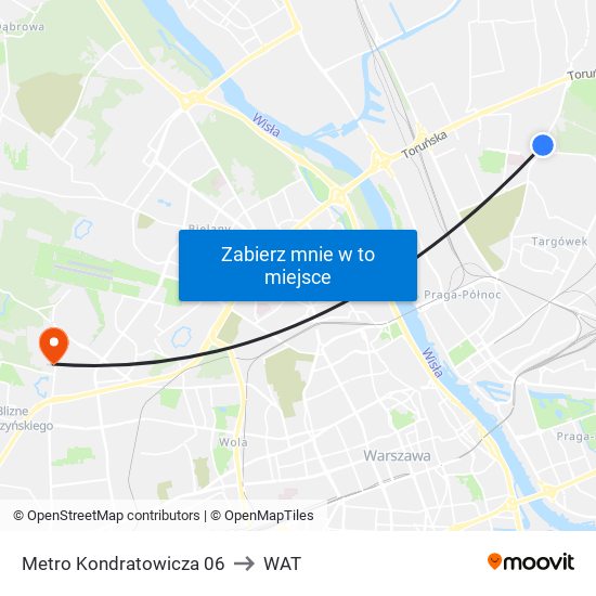 Metro Kondratowicza to WAT map