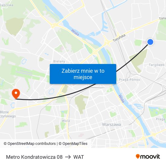 Metro Kondratowicza to WAT map