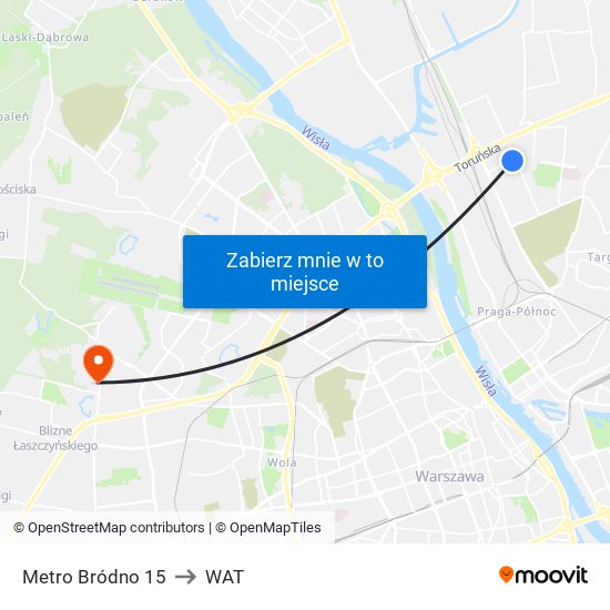 Metro Bródno to WAT map