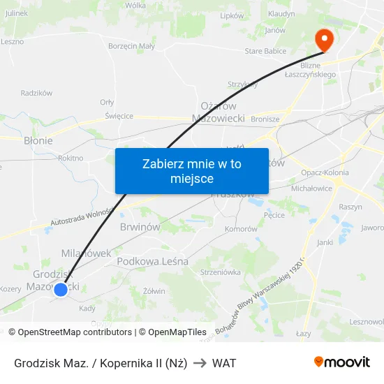 Grodzisk Maz. / Kopernika II (Nż) to WAT map