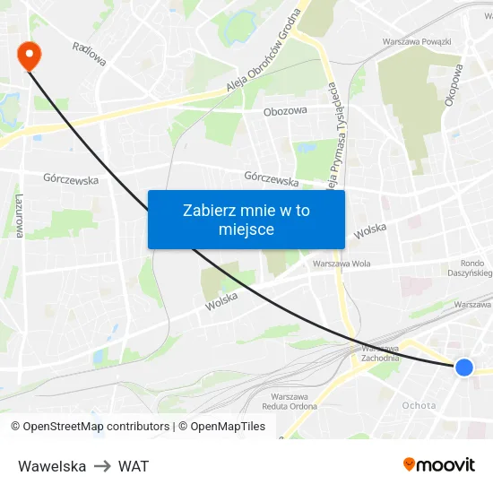 Wawelska to WAT map