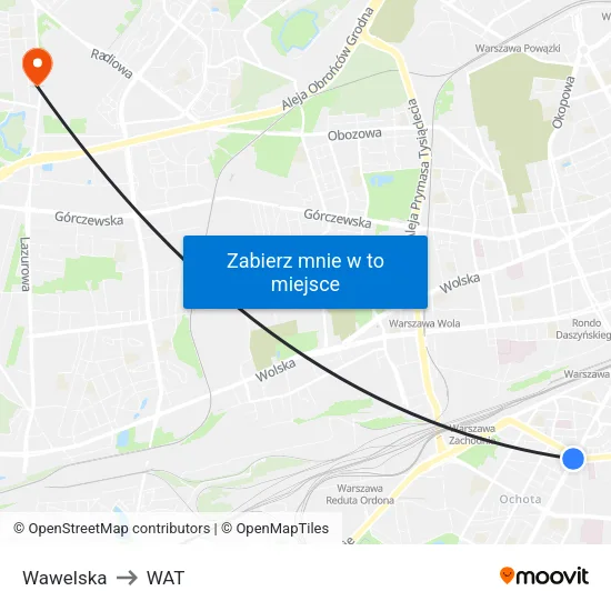 Wawelska to WAT map