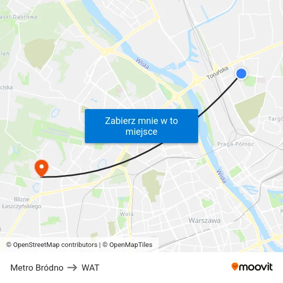 Metro Bródno to WAT map