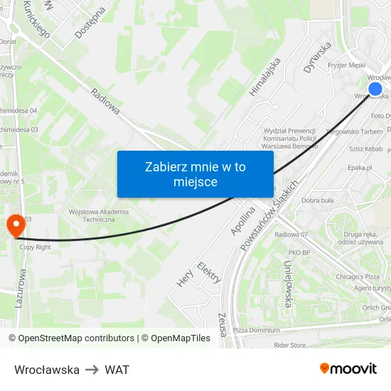 Wrocławska to WAT map