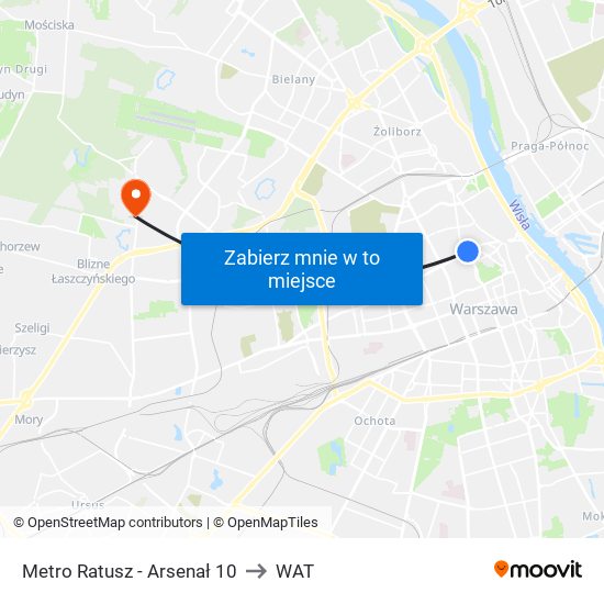 Metro Ratusz - Arsenał 10 to WAT map