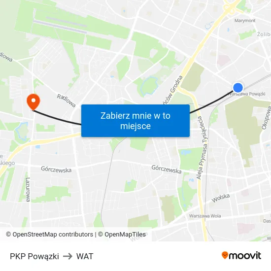 PKP Powązki to WAT map