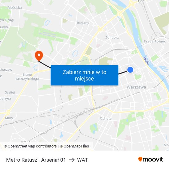 Metro Ratusz - Arsenał 01 to WAT map