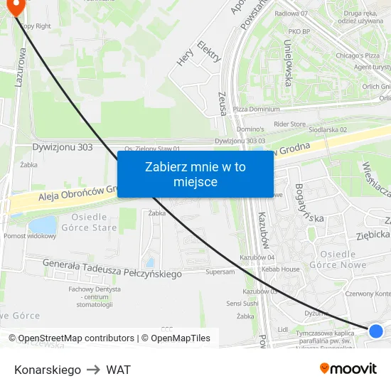 Konarskiego to WAT map
