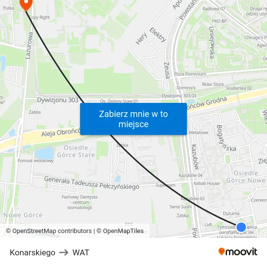 Konarskiego to WAT map