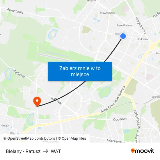 Bielany - Ratusz to WAT map