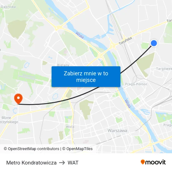 Metro Kondratowicza to WAT map