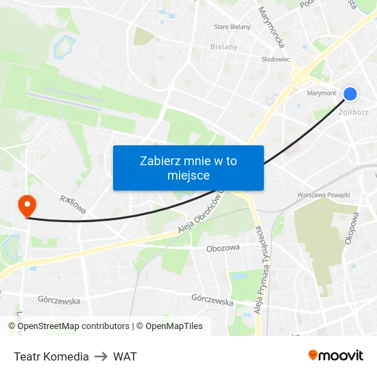 Teatr Komedia to WAT map
