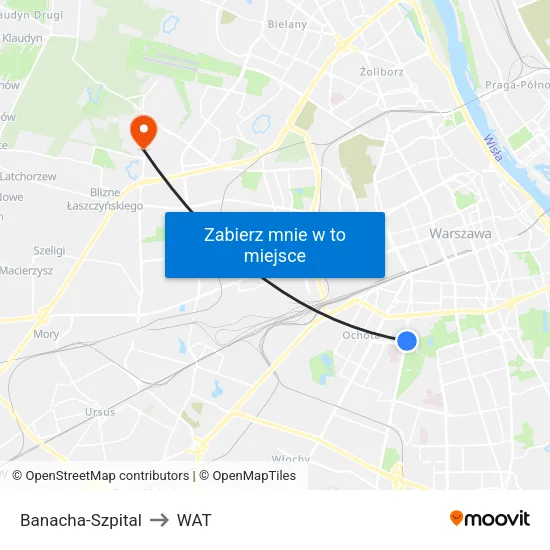 Banacha - Szpital to WAT map