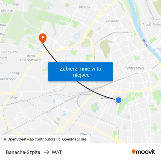 Banacha - Szpital to WAT map