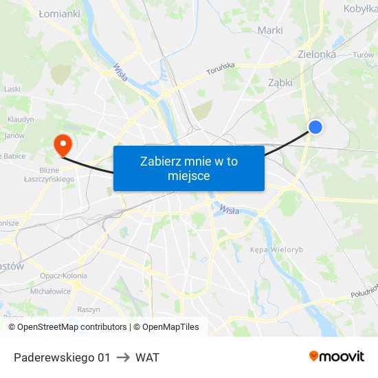 Paderewskiego 01 to WAT map