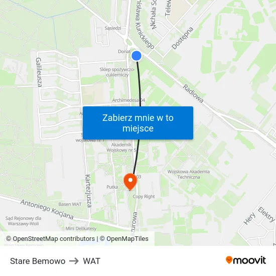 Stare Bemowo to WAT map