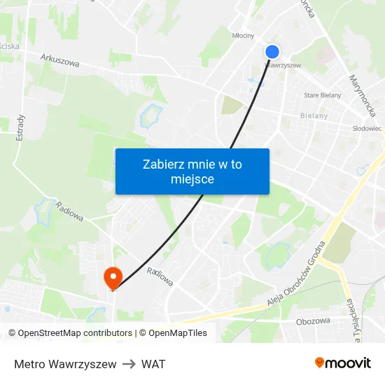Metro Wawrzyszew to WAT map