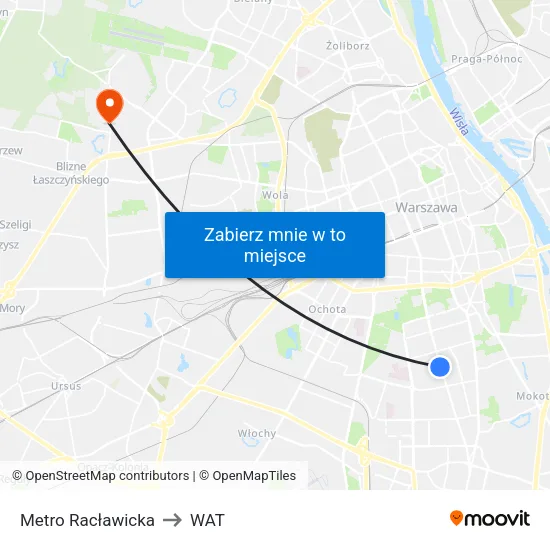 Metro Racławicka to WAT map