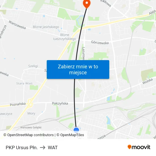 PKP Ursus Płn. to WAT map