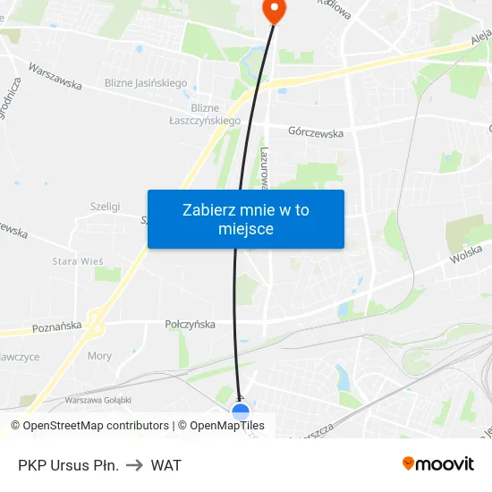 PKP Ursus Płn. to WAT map