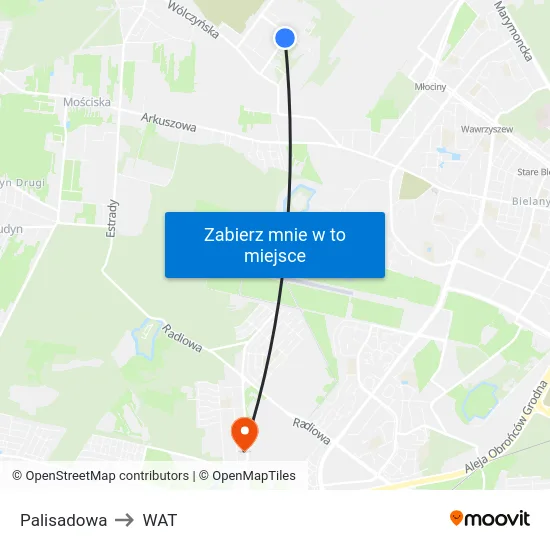 Palisadowa to WAT map