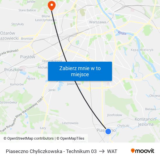 Piaseczno Chyliczkowska-Technikum to WAT map