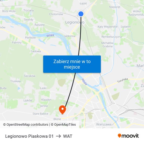 Legionowo Piaskowa 01 to WAT map