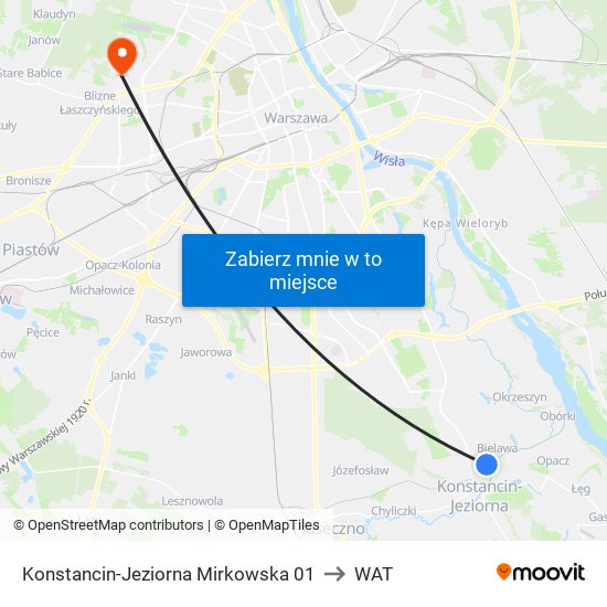 Konstancin-Jeziorna Mirkowska 01 to WAT map