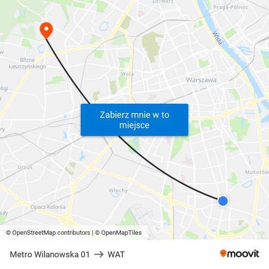 Metro Wilanowska to WAT map