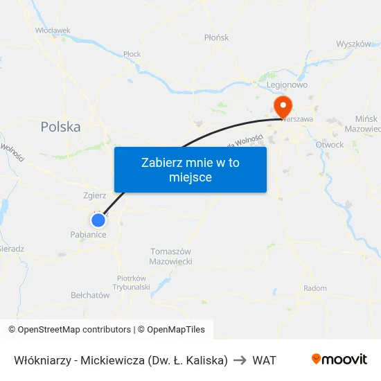 Włókniarzy - Mickiewicza (Dw. Ł. Kaliska) to WAT map