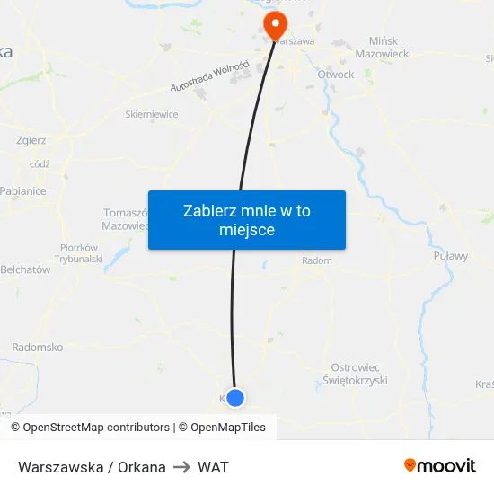 Warszawska / Orkana to WAT map