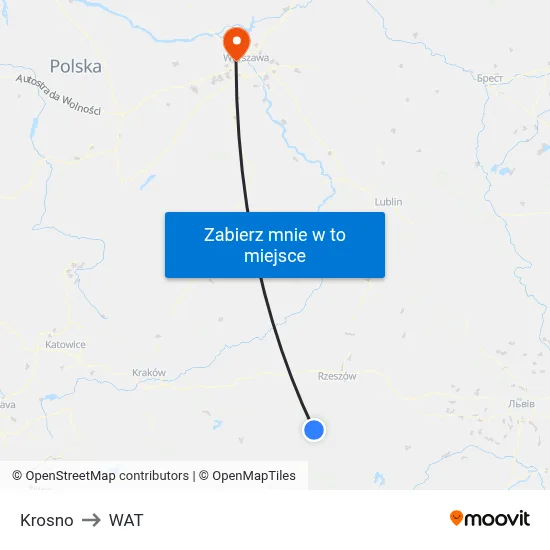 Krosno to WAT map