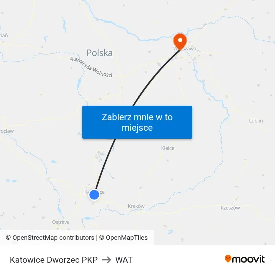Katowice Dworzec PKP to WAT map