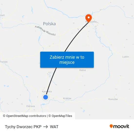 Tychy Dworzec PKP to WAT map