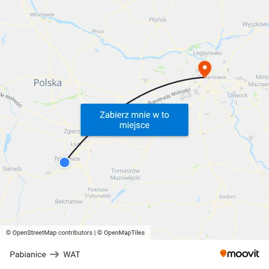 Pabianice to WAT map