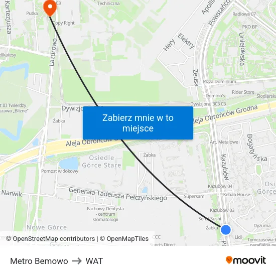 Metro Bemowo to WAT map