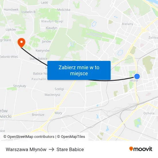 Warszawa Młynów to Stare Babice map