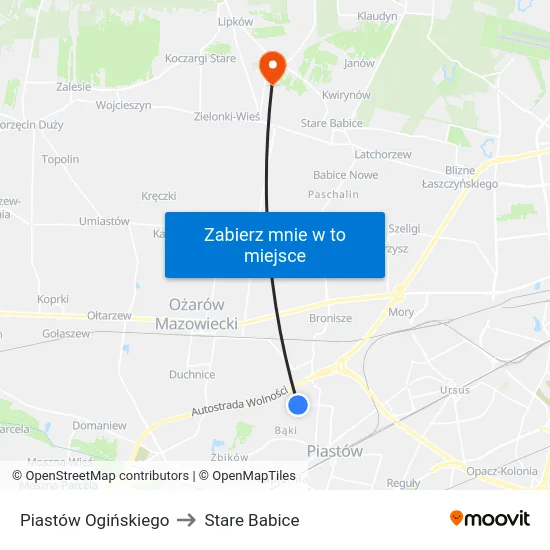Piastów Ogińskiego to Stare Babice map