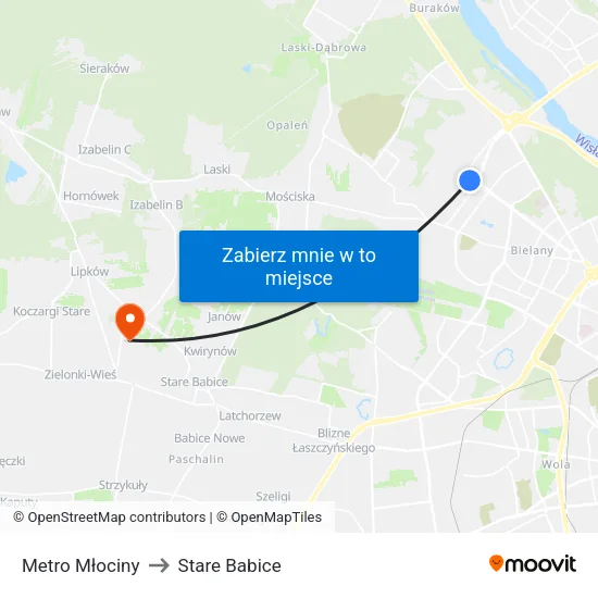 Metro Młociny to Stare Babice map