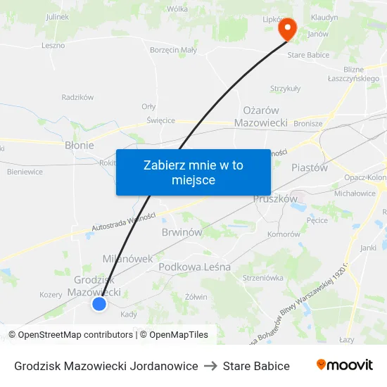 Grodzisk Mazowiecki Jordanowice to Stare Babice map