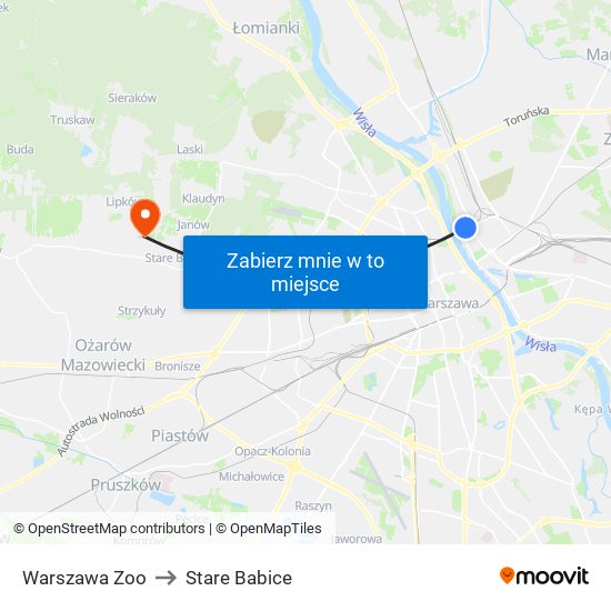 Warszawa Zoo to Stare Babice map