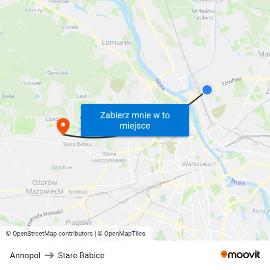 Annopol to Stare Babice map